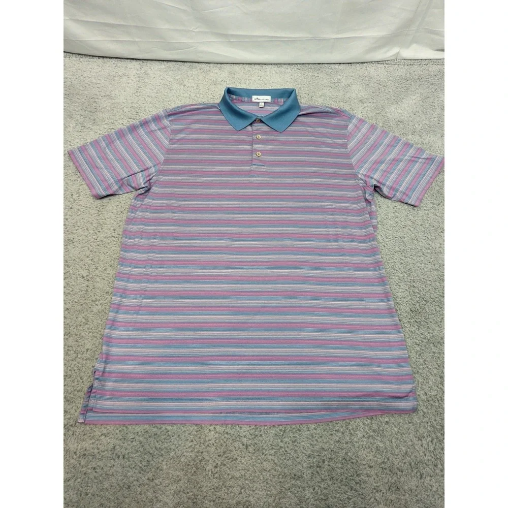 Peter Millar Performance Polo Golf Shirt Blue Pink Stripe Mens Large 100% Cotton